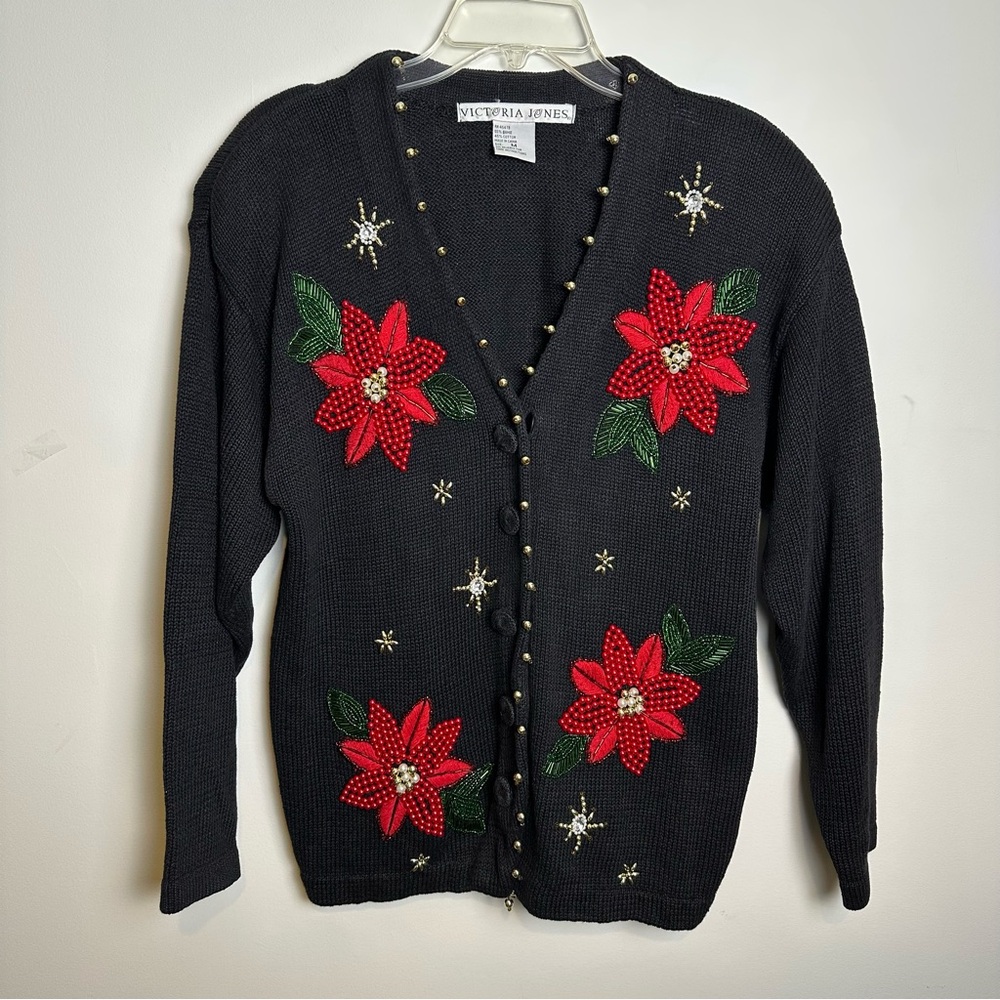 VINTAGE Victoria Jones Poinsettia Beaded Embellished Christmas Sweater | Sz M - Picture 1 of 9